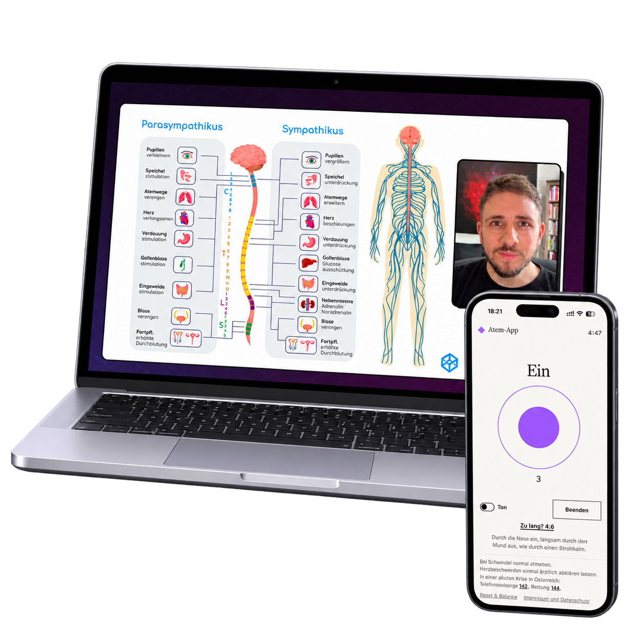 Laptop mit einer Folie zu Sympathikus und Parasympathikus und Gregor im Videocall, daneben ein Handy mit der Atem-App