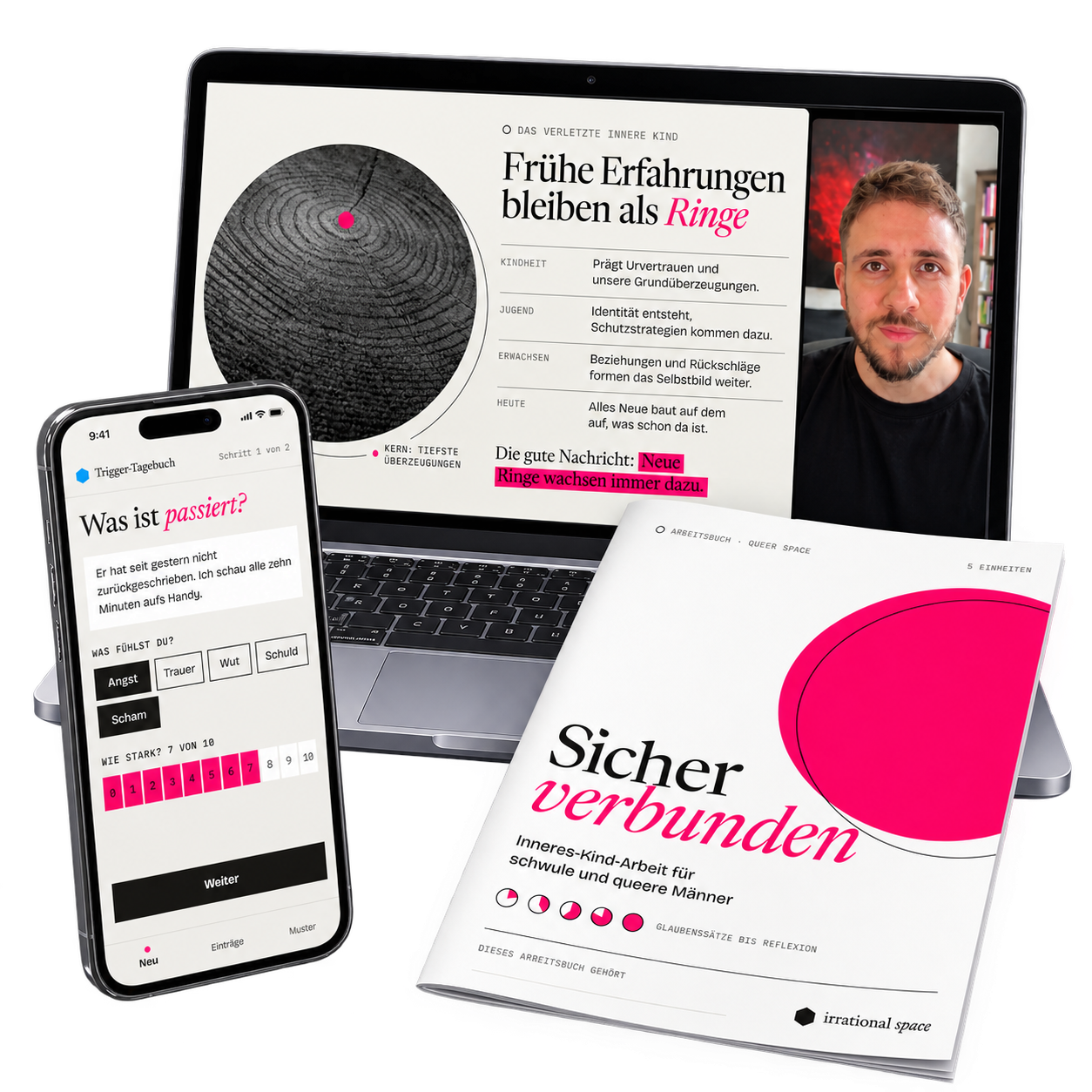 Laptop mit einer Folie aus einer Einheit und Gregor im Videocall, daneben ein Handy mit dem Trigger-Tagebuch und das Arbeitsbuch Sicher verbunden